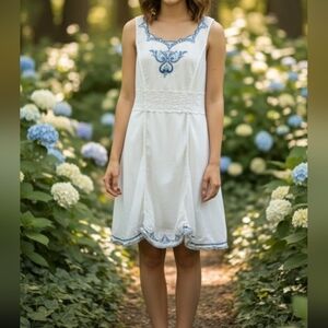 Burning Torch - Anthropologie White and Blue Embroidered Dress Sz L